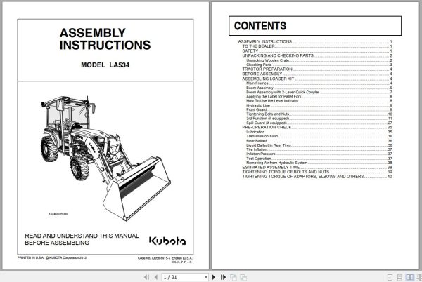 Kubota Loader and Buckets LA354 Assembly Instructions 7J056 6915 7 1