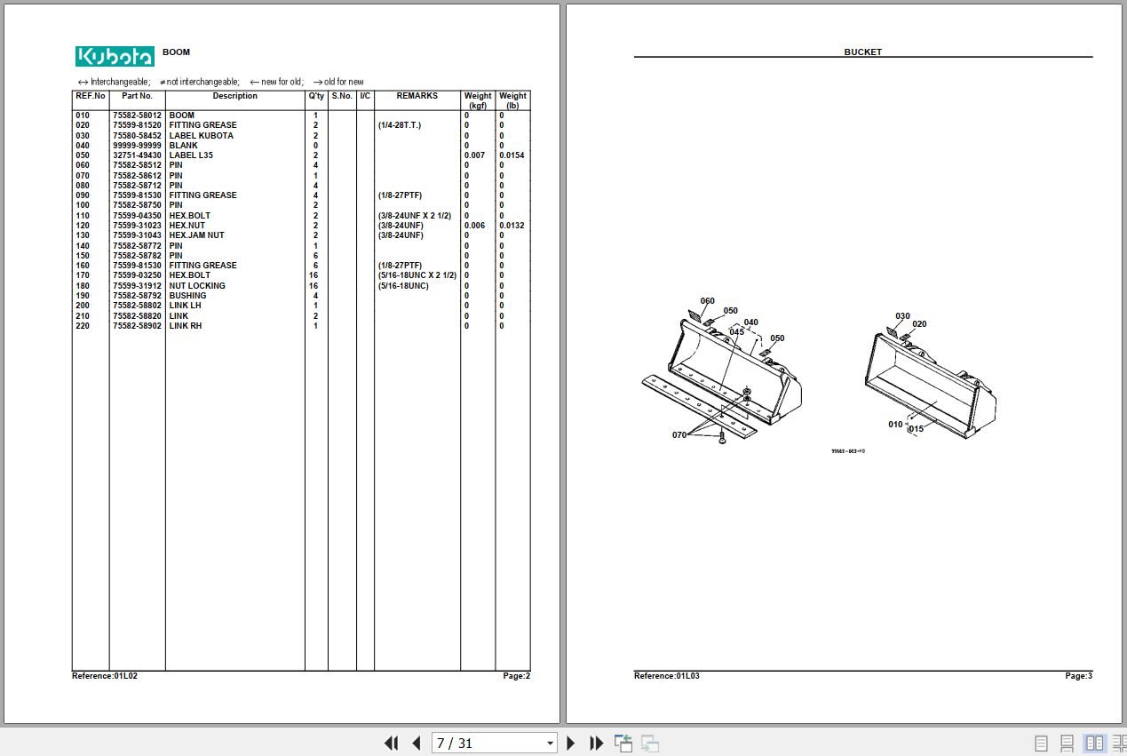 Kubota Loader and Buckets TL720 Parts Manual 2