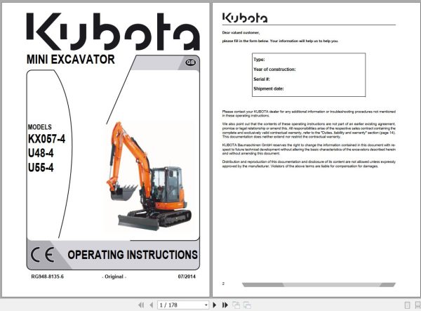 Kubota Mini Excavator KX057 4 U48 4 U55 4 Operators Instructions RG948 8135 6 1