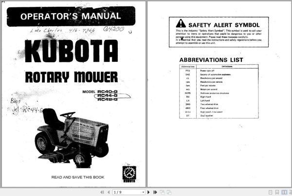 Kubota Mower Deck RC40 G RC44 G RC48 G Operators Manual 1