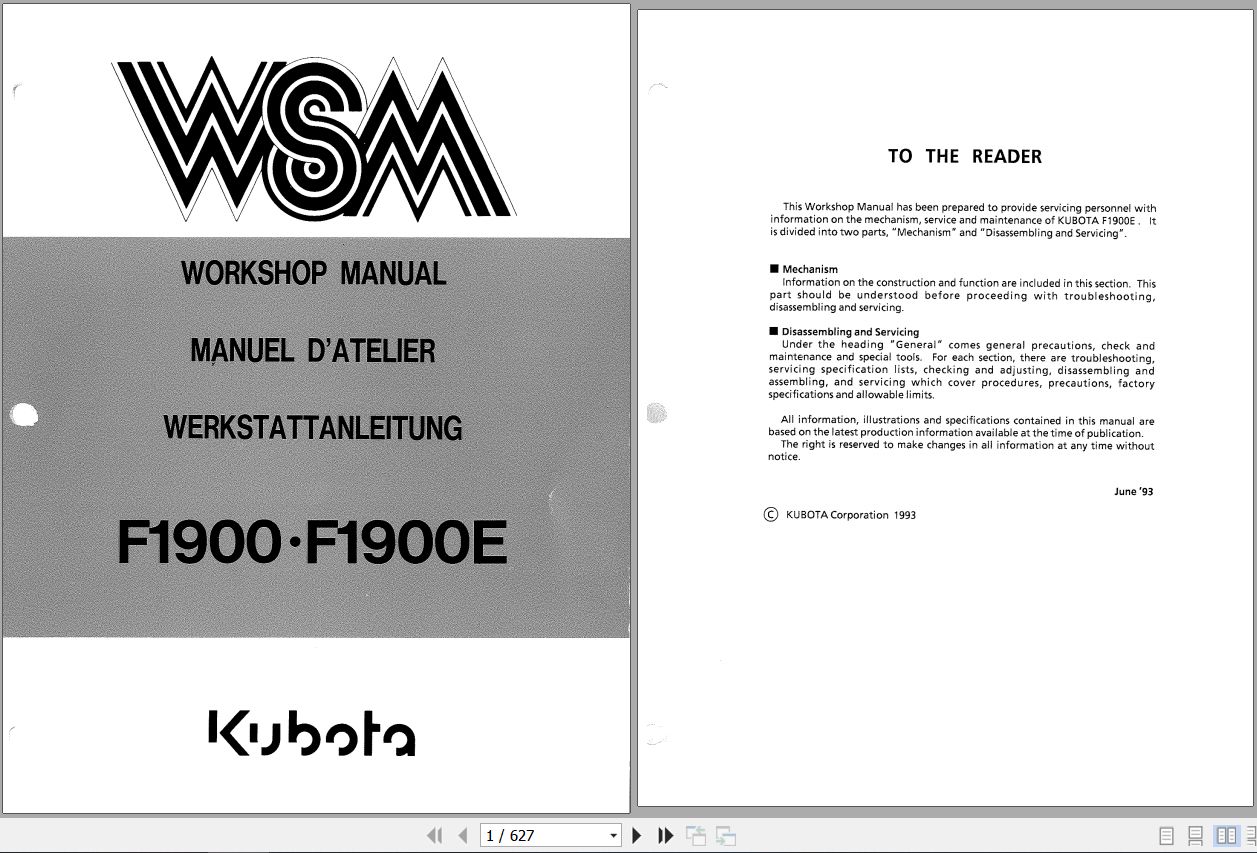Kubota Mowers F1900 F1900E Workshop Manual 1