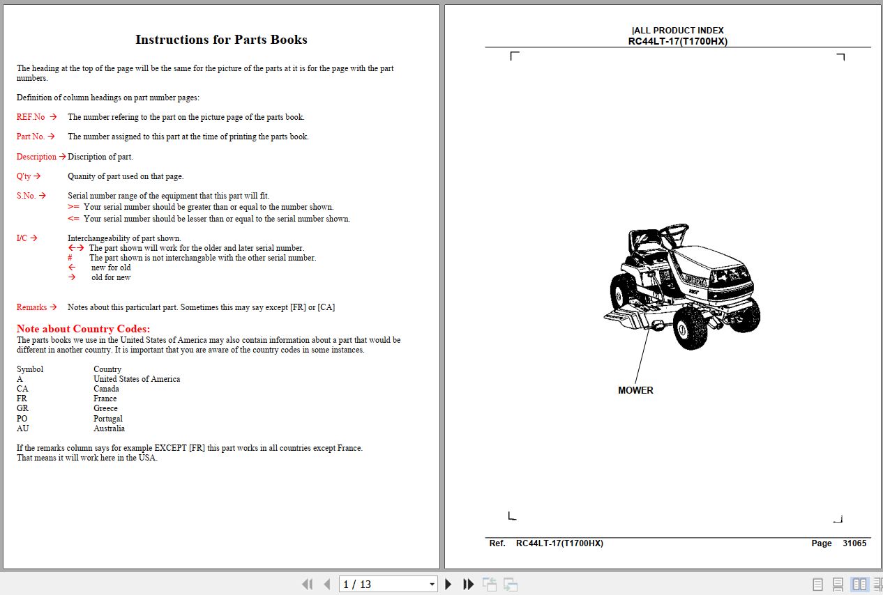 Kubota Mowers RC44LT 17 Parts Manual 1