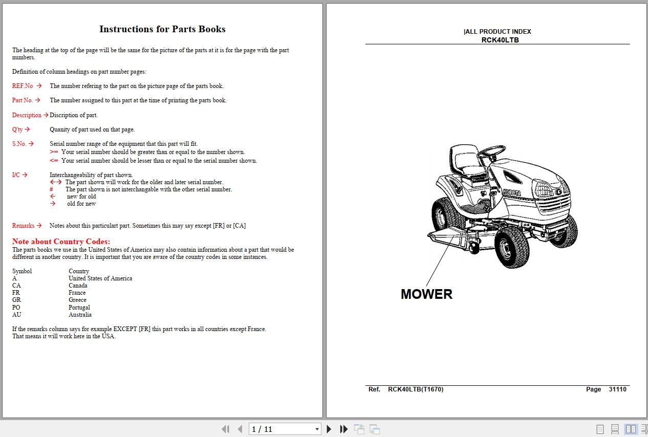 Kubota Mowers RCK40LTBT1670 Parts Manual 1