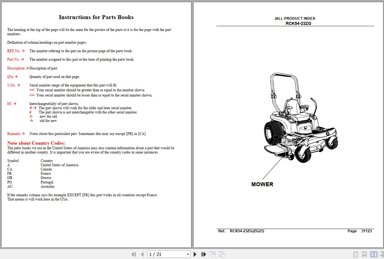 Kubota Mowers RCK54 23ZG Parts Manual 1