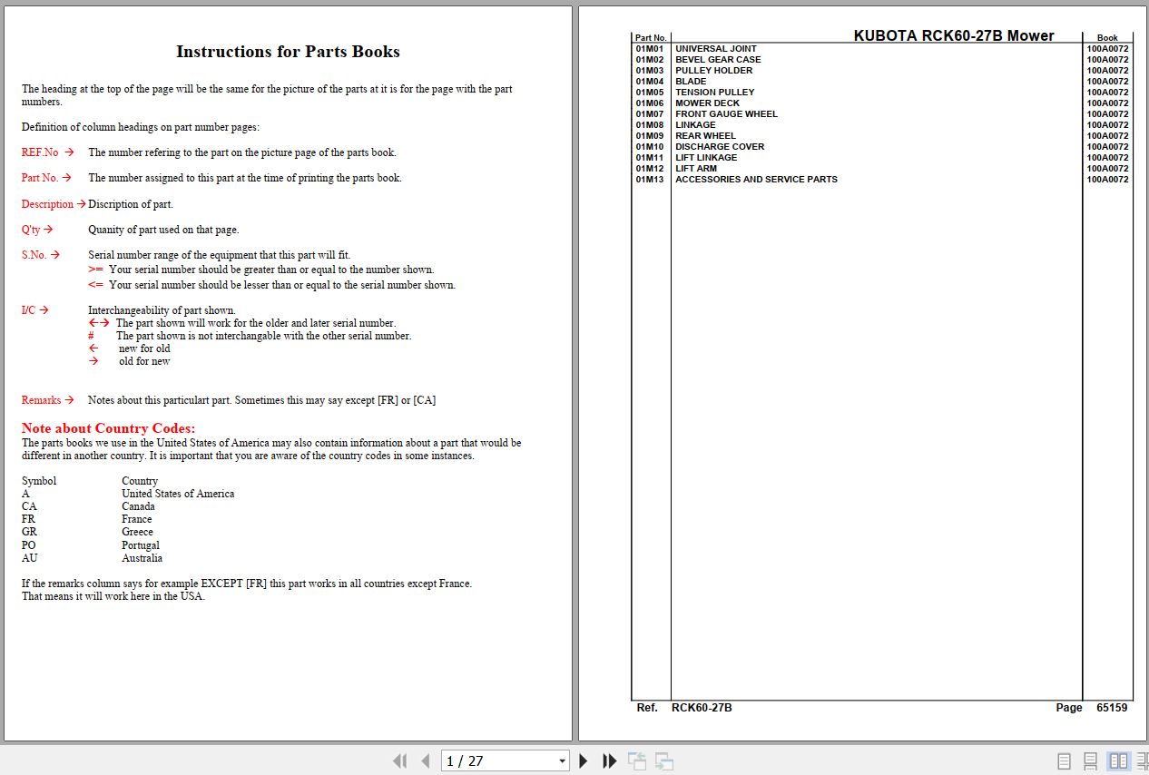 Kubota Mowers RCK60 27B Parts Manual 1