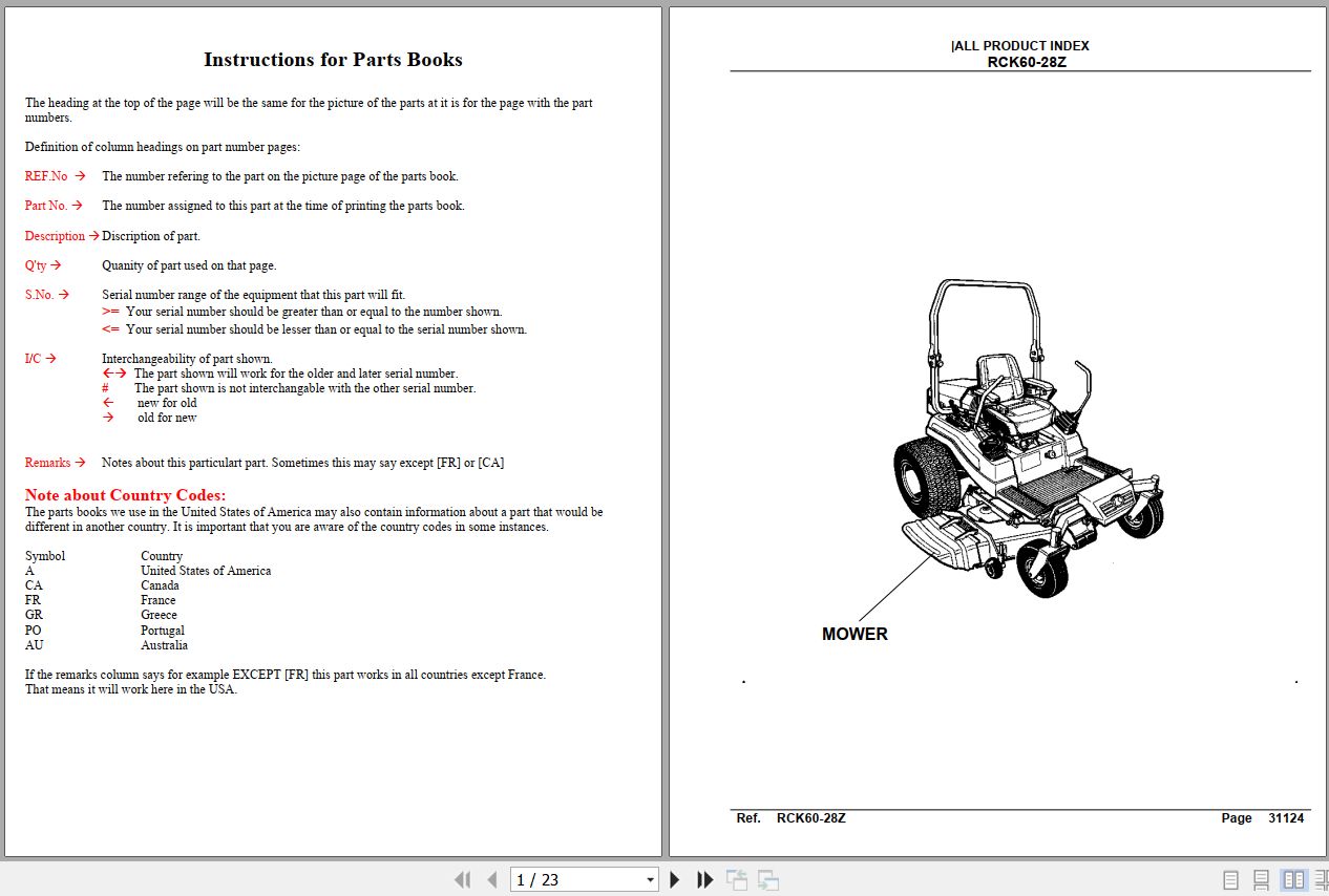 Kubota Mowers RCK60 28Z Parts Manual 1