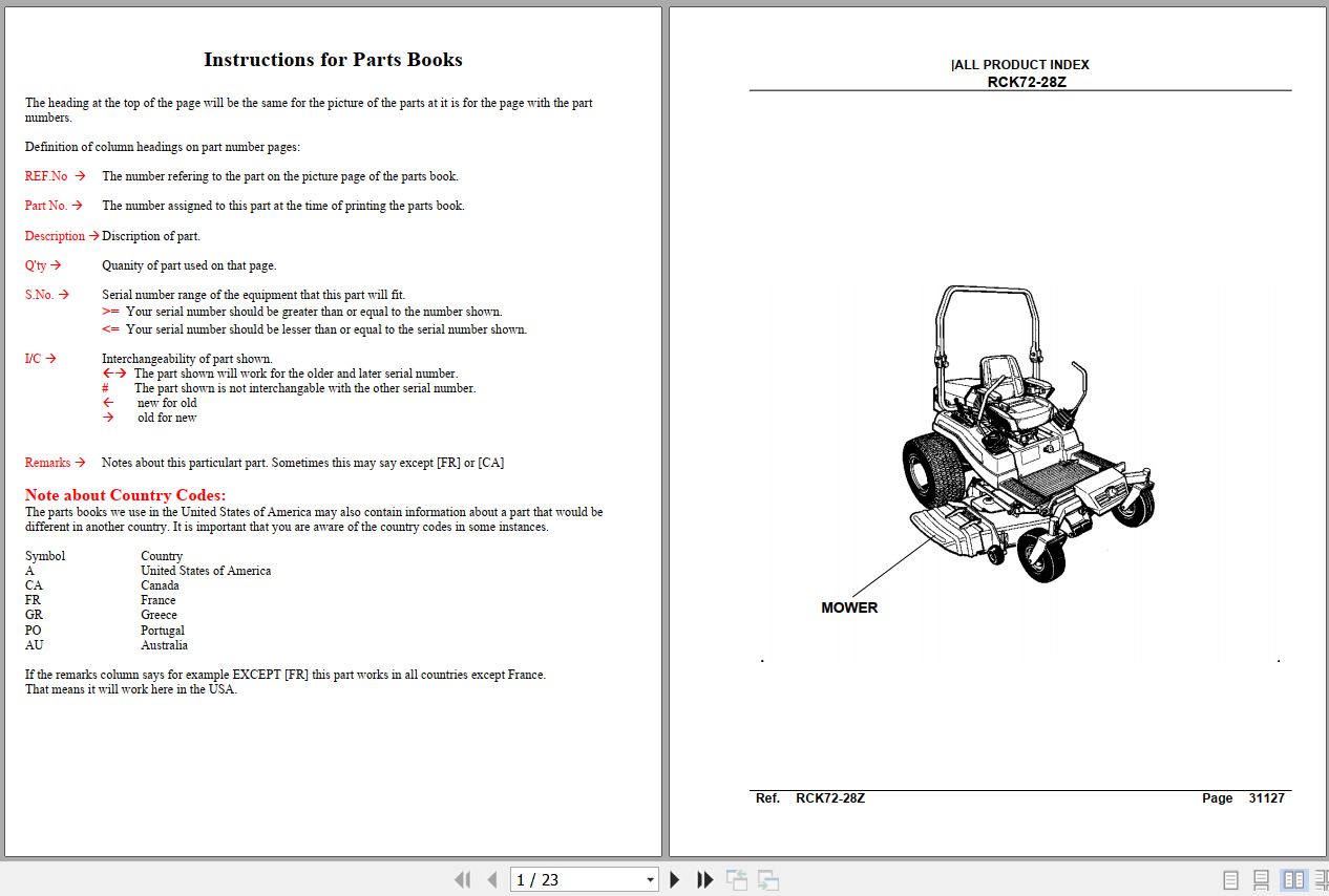 Kubota Mowers RCK72 28Z Parts Manual 1