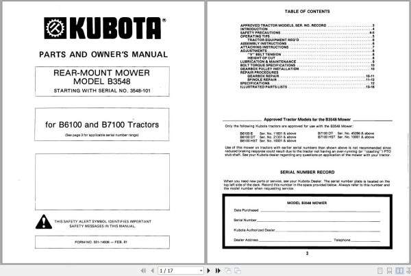 Kubota Rear Mount Mower B3548 Parts and Owners Manual 1