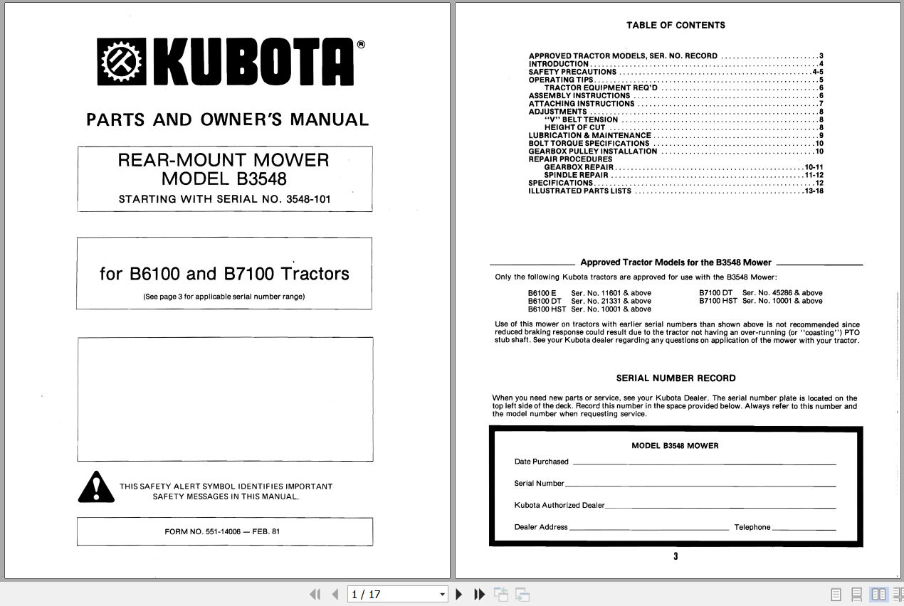 Kubota Rear Mount Mower B3548 Parts and Owners Manual 1