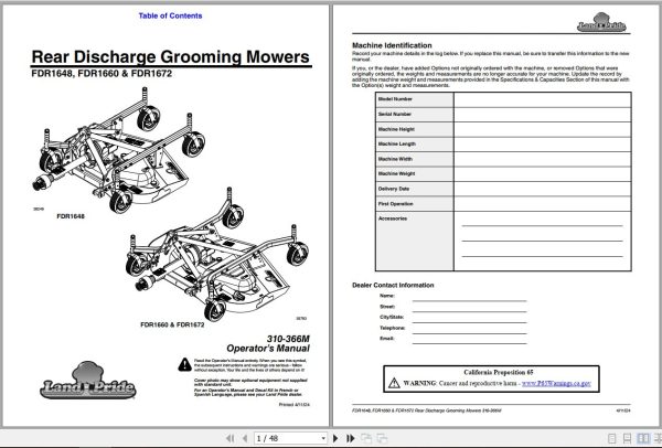 Kubota Rear Mowers FDR1648 FDR1660 FDR1672 Operators Manual 1