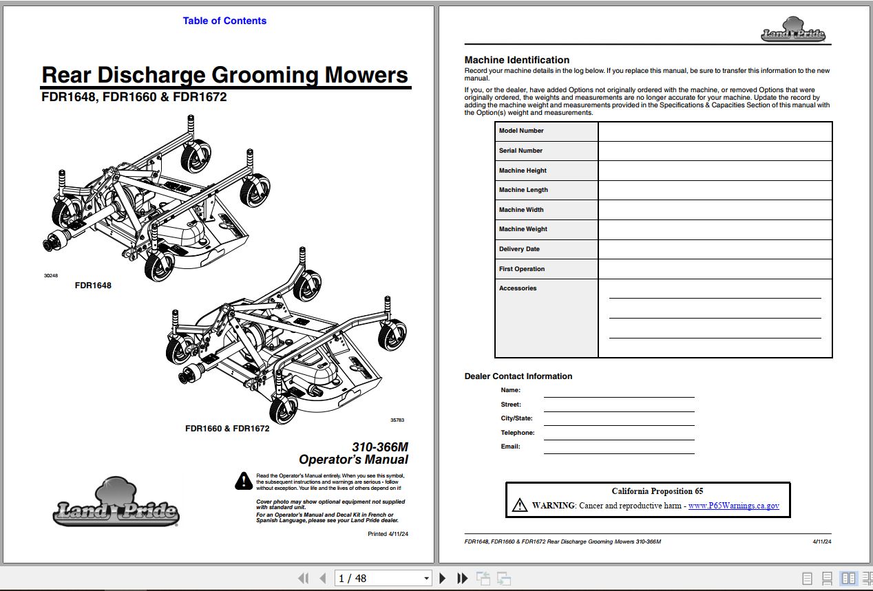 Kubota Rear Mowers FDR1648 FDR1660 FDR1672 Operators Manual 1