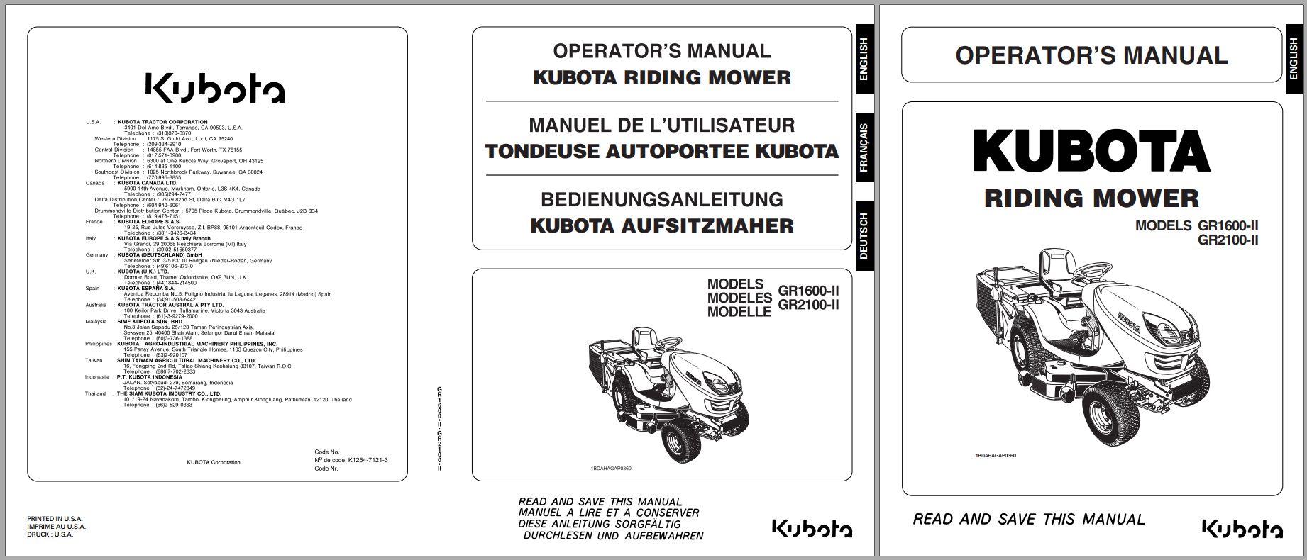 Kubota Riding Mower GR2100 GR1600 Operators Manual K1254 7121 3 1