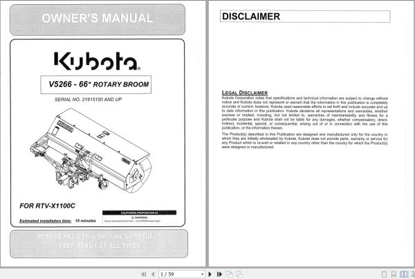 Kubota Rotary Broom V5266 66 Owners Manual 77700 07666 1