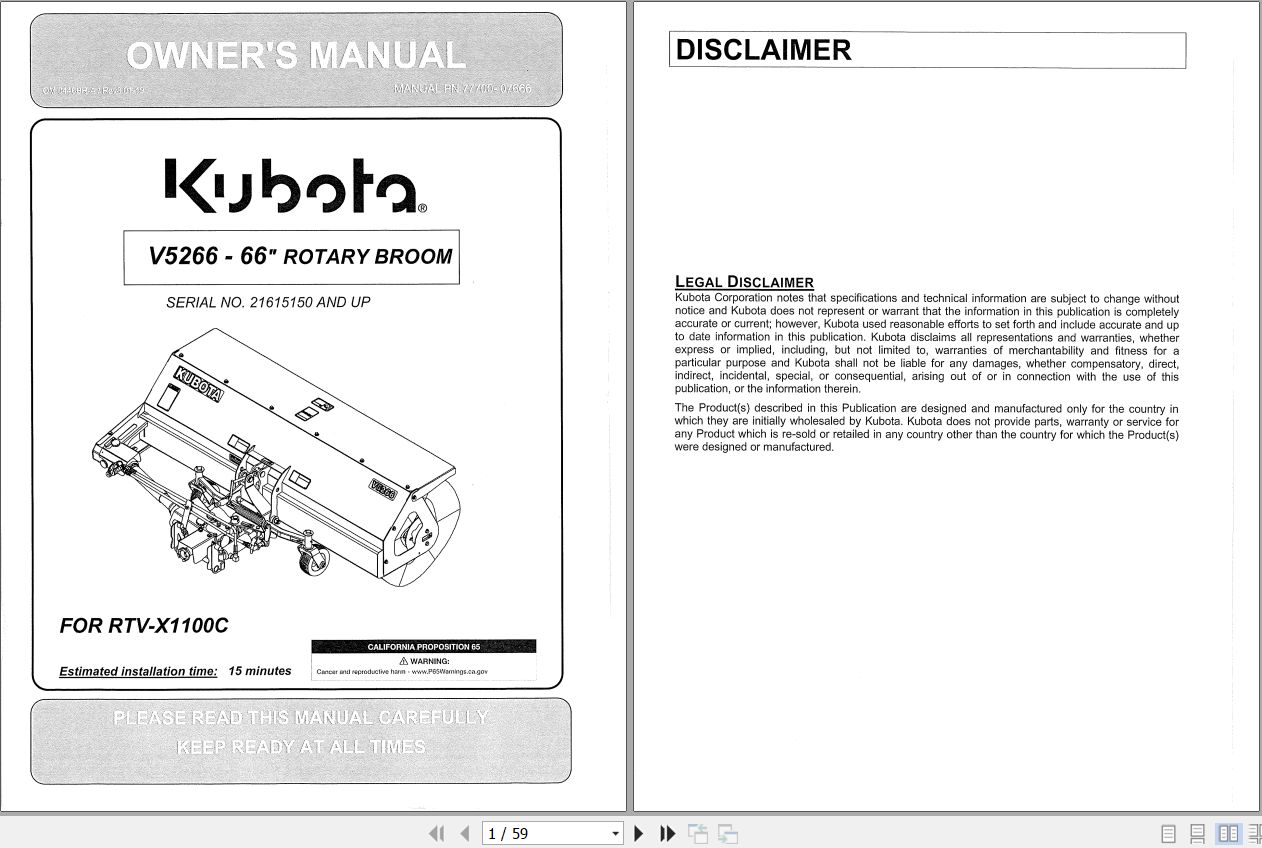 Kubota Rotary Broom V5266 66 Owners Manual 77700 07666 1