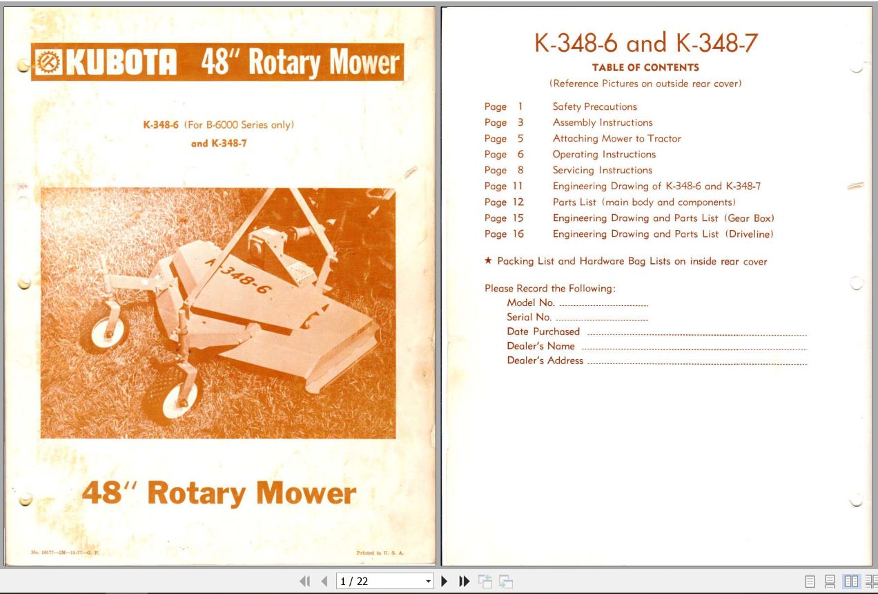 Kubota Rotary Mower K 348 6 K 348 7 48 Inch Parts Manual 1