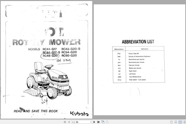 Kubota Rotary Mower RC44 G17 to RC60 G20 Operators Manual 76505 7111 7 1