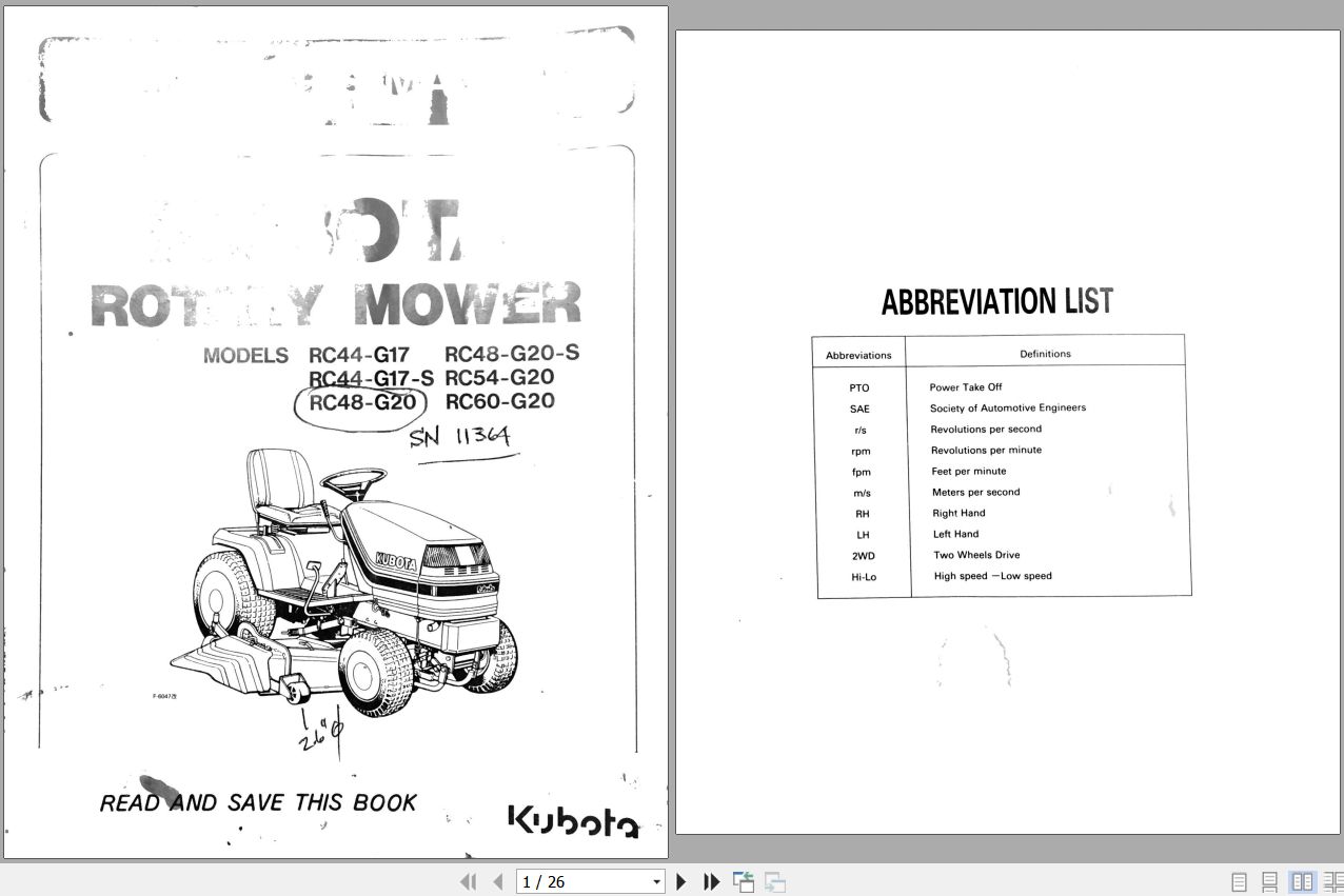 Kubota Rotary Mower RC44 G17 to RC60 G20 Operators Manual 76505 7111 7 1