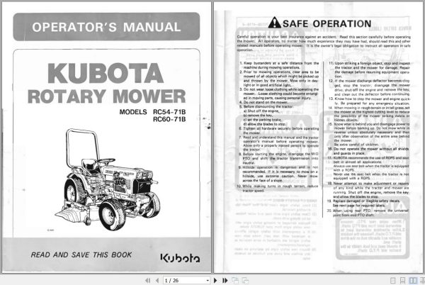 Kubota Rotary Mower RC60 71B RC54 71B Operators Manual 76518 7111 6 1