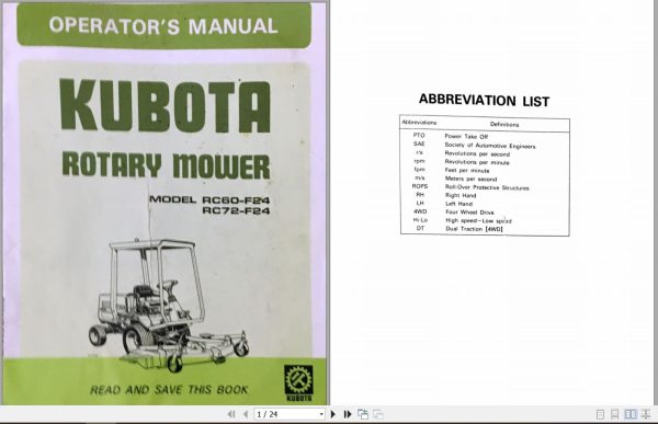 Kubota Rotary Mower RC60 F24 RC72 F24 Operators Manual 1