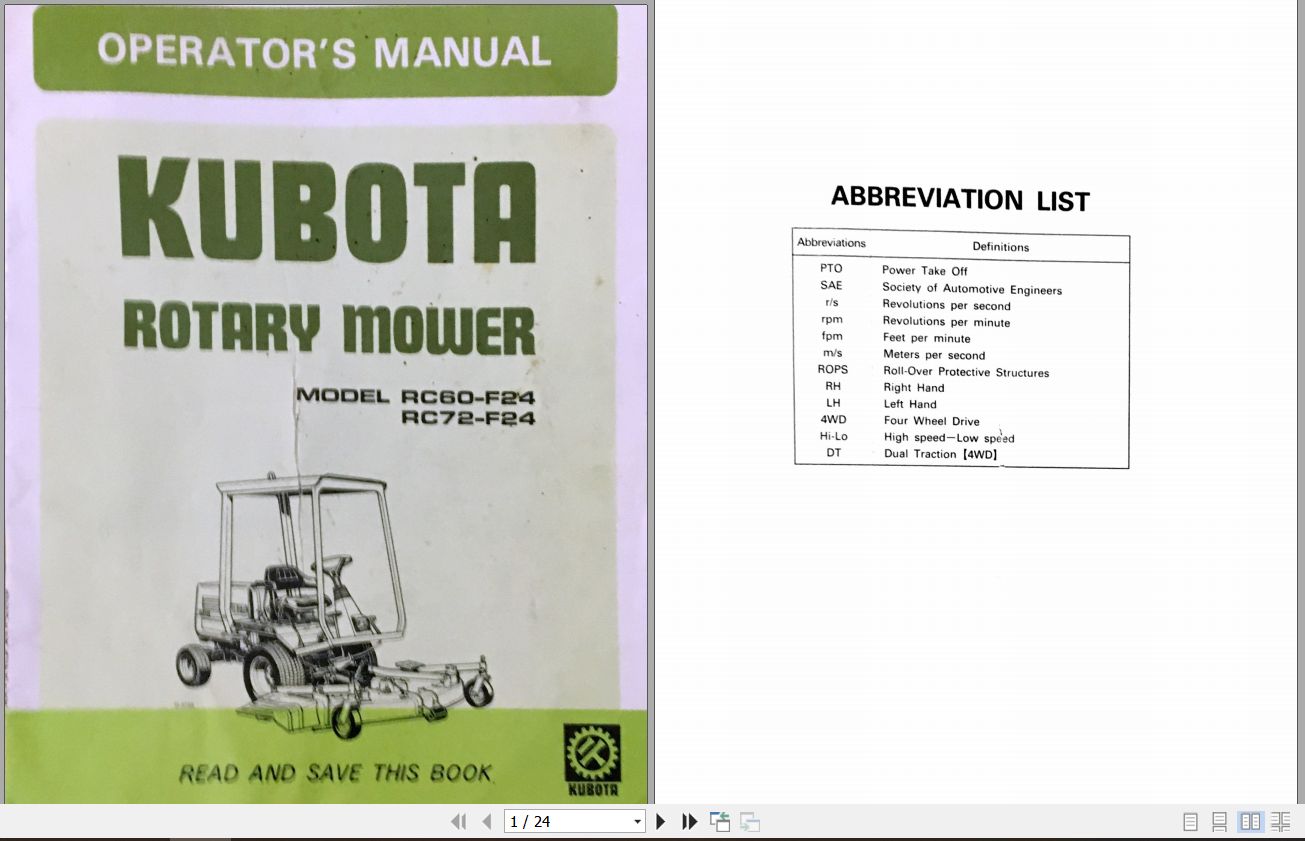 Kubota Rotary Mower RC60 F24 RC72 F24 Operators Manual 1