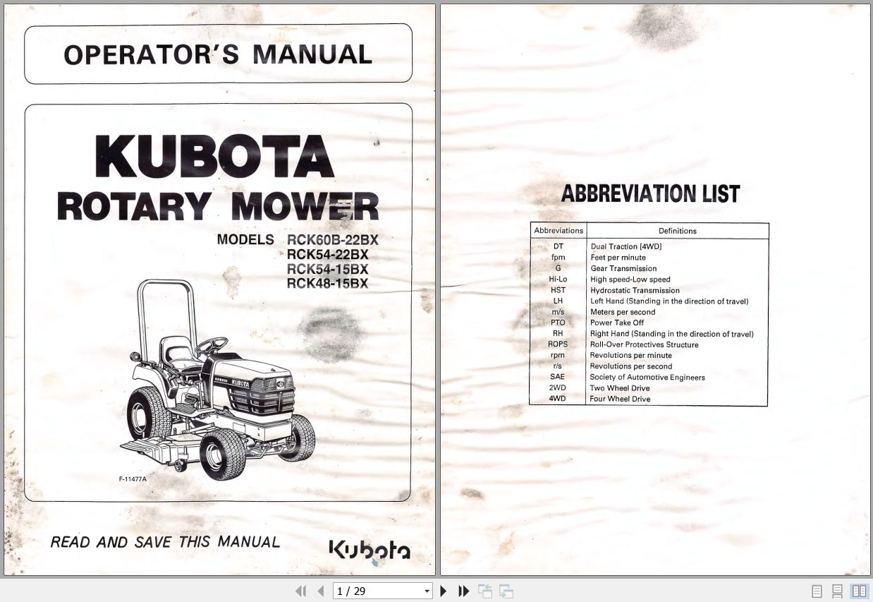 Kubota Rotary Mower RCK48 15BX RCK54 15BX RCK54 22BX RCK60B 22BX Operators Manual K5371 7111 2 1