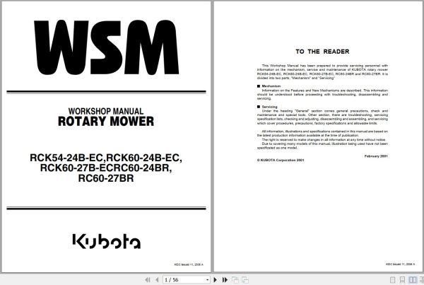 Kubota Rotary Mower RCK54 24B EC to RC60 27BR Workshop Manual 9Y011 17110 1