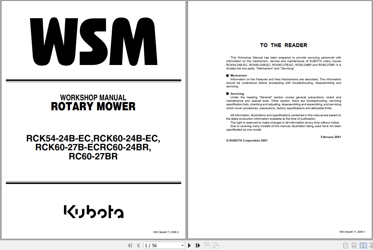 Kubota Rotary Mower RCK54 24B EC to RC60 27BR Workshop Manual 9Y011 17110 1