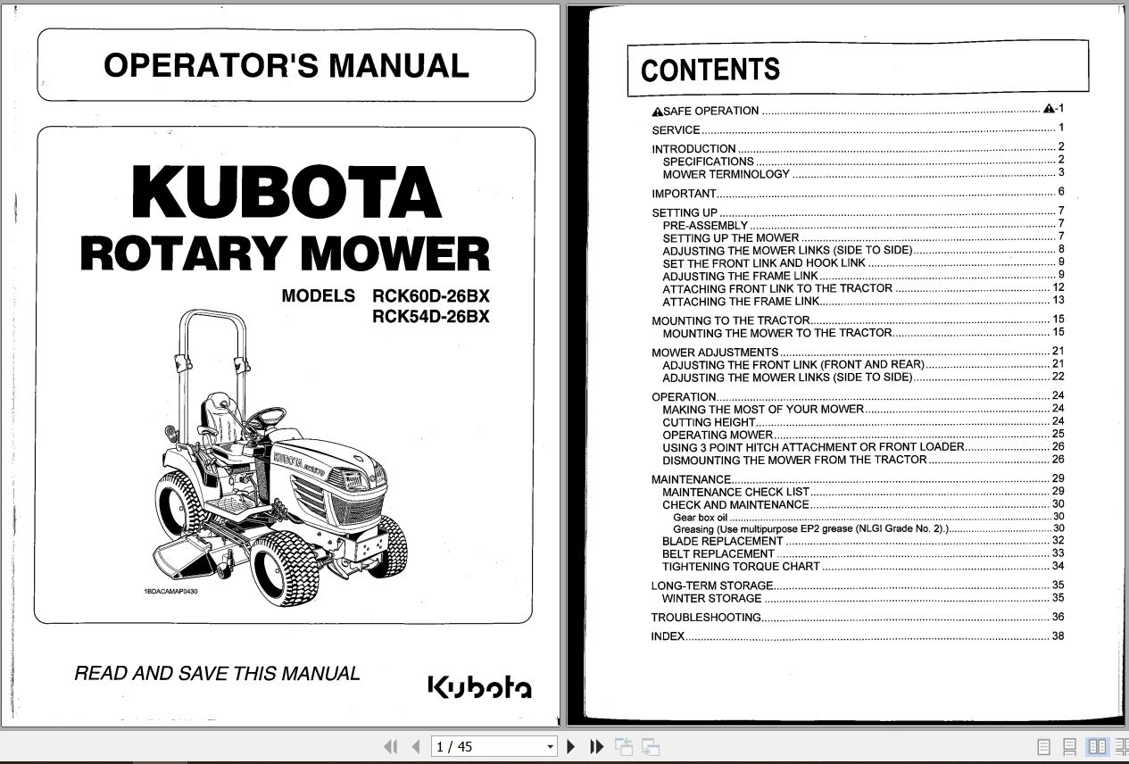 Kubota Rotary Mower RCK60D 26BX RCK54D 26BX Operators Manual K5384 7111 1 1