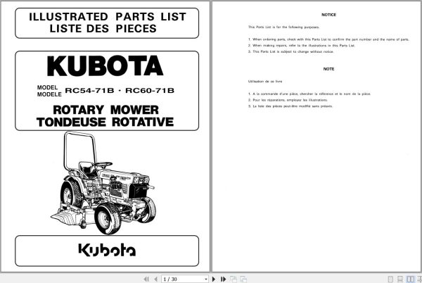 Kubota Rotary Mowers RC54 71B RC60 71B Illustrated Parts List 97898 30491 EN FR 1