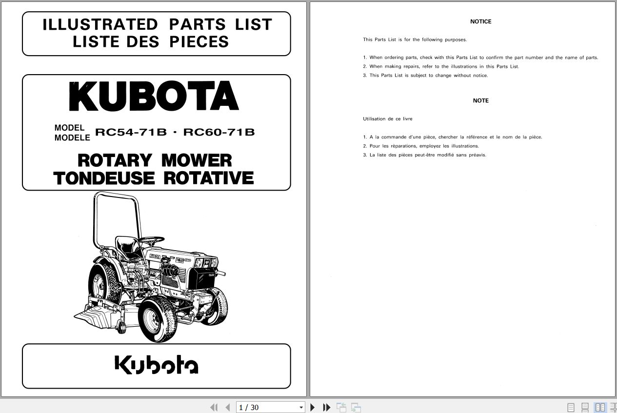Kubota Rotary Mowers RC54 71B RC60 71B Illustrated Parts List 97898 30491 EN FR 1
