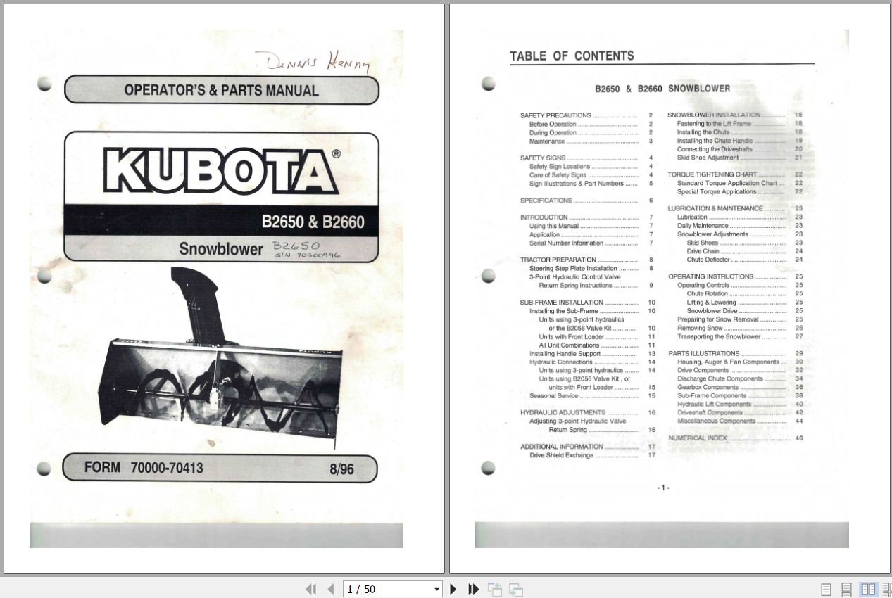 Kubota Snowblower B2650 B2660 Operators and Parts Manual 70000 70413 1