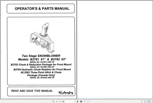 Kubota Snowblower B2781 51 B2782 63 Operators and Parts Manual 70060 00605 1