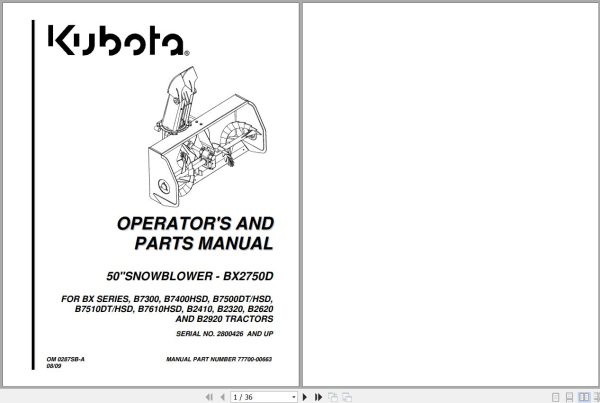 Kubota Snowblower BX2750D 50 Operators and Parts Manual 77700 00663 1
