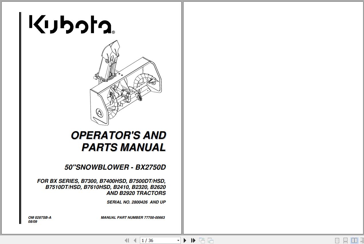 Kubota Snowblower BX2750D 50 Operators and Parts Manual 77700 00663 1