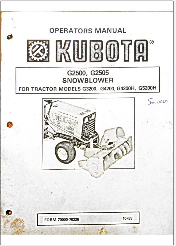Kubota Snowblower G2500 G2505 Operators Manual 70000 70228 1