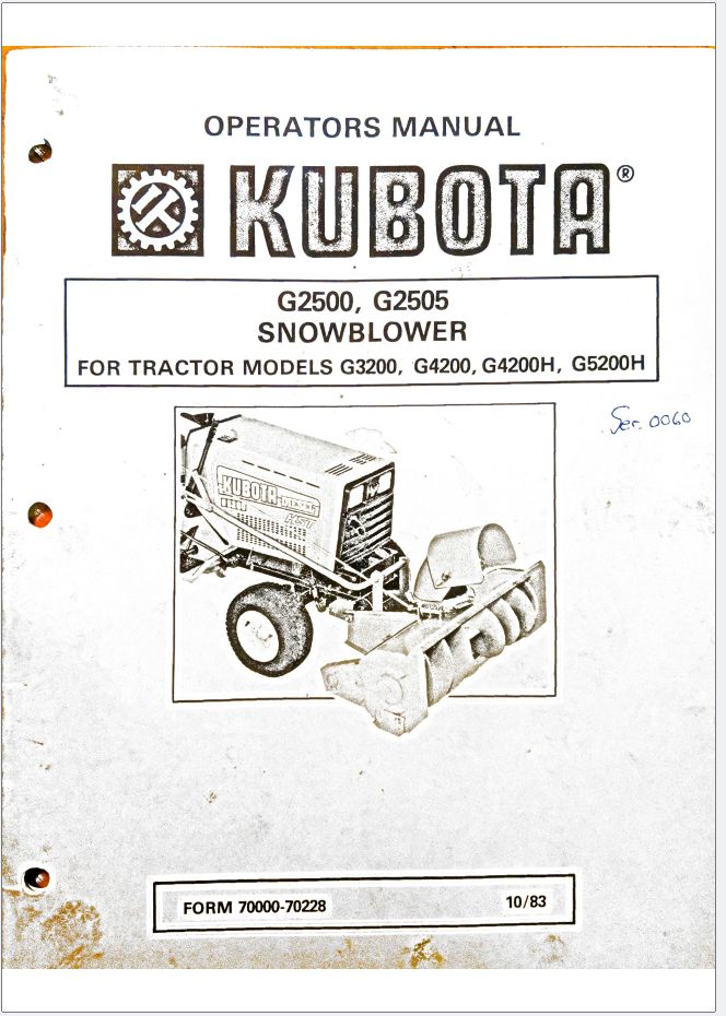 Kubota Snowblower G2500 G2505 Operators Manual 70000 70228 1