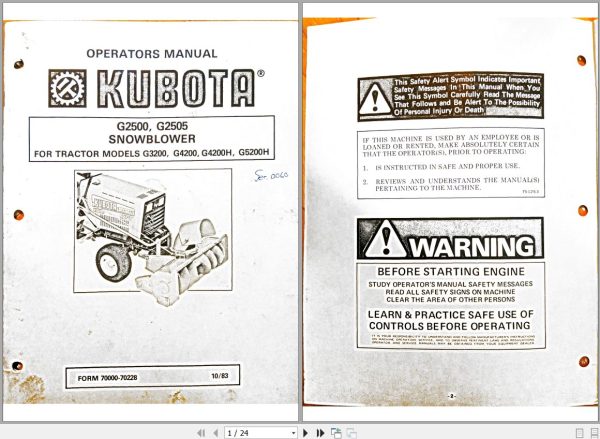 Kubota Snowblower V5296 66 Owners Manual 77700 07077 1