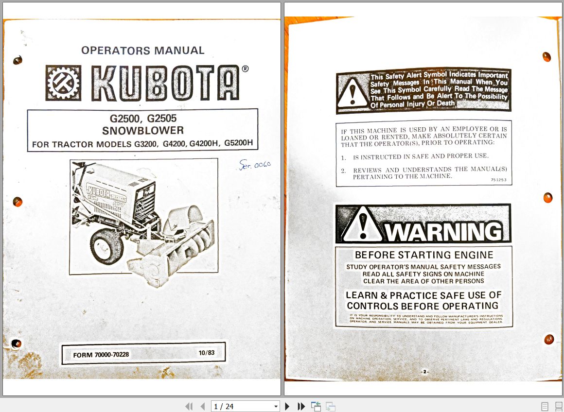 Kubota Snowblower V5296 66 Owners Manual 77700 07077 1