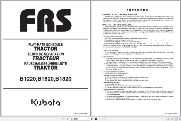 Kubota Tractor B1220 B1620 B1820 Flat Rate Schedule 9Y112 00840 1