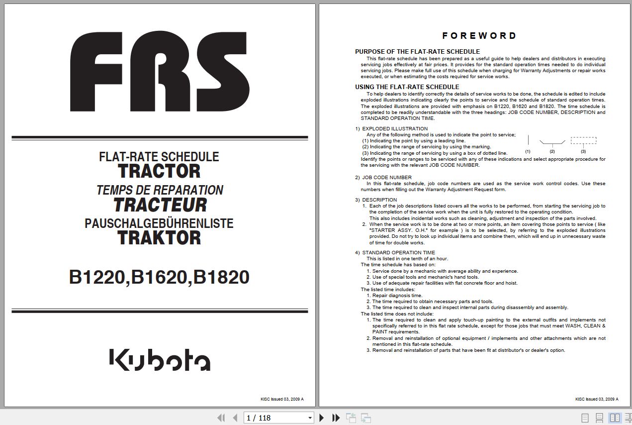 Kubota Tractor B1220 B1620 B1820 Flat Rate Schedule 9Y112 00840 1