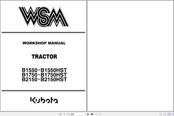 Kubota Tractor B1550 to B2150HST Workshop Manual 97897 10226 1
