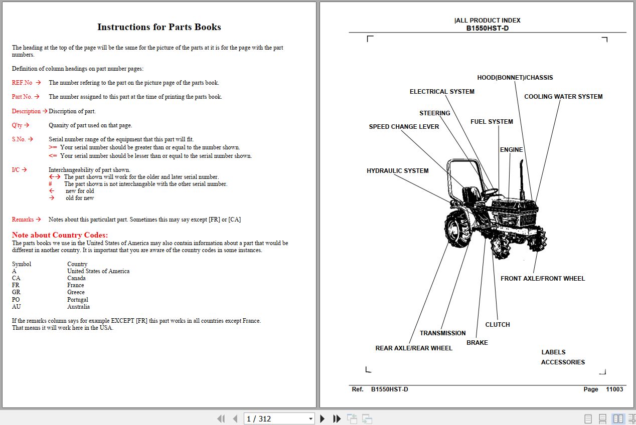 Kubota Tractor B1550HST Parts Manual 1