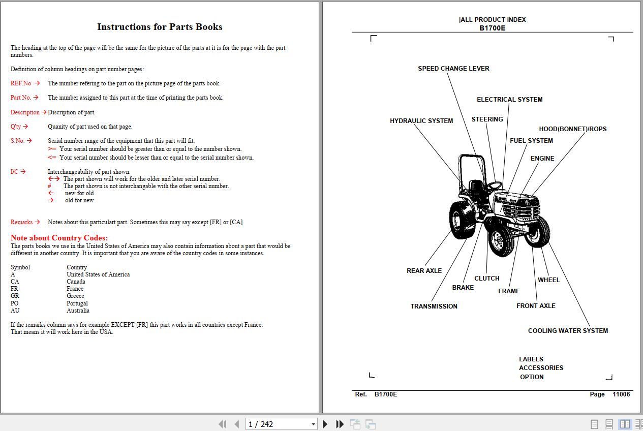 Kubota Tractor B1700E Parts Manual 1
