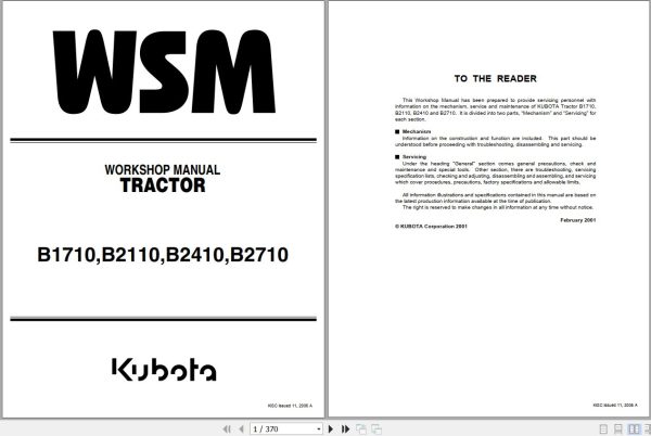 Kubota Tractor B1717 2110 2410 2710 Workshop Manual 9Y011 12751 1