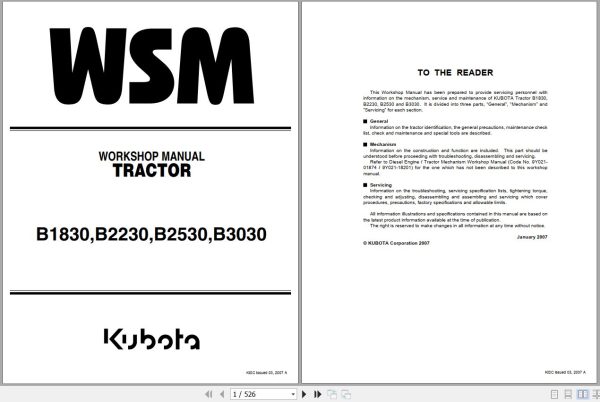 Kubota Tractor B1830 B2230 B2530 B3030 Workshop Manual 9Y111 00031 1