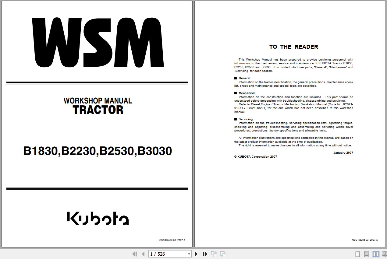 Kubota Tractor B1830 B2230 B2530 B3030 Workshop Manual 9Y111 00031 1