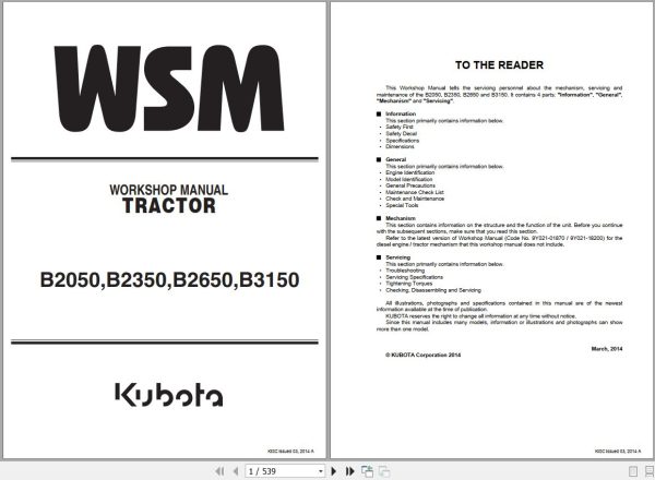 Kubota Tractor B2050 B2350 B2650 B3150 Workshop Manual 9Y111 09820 1