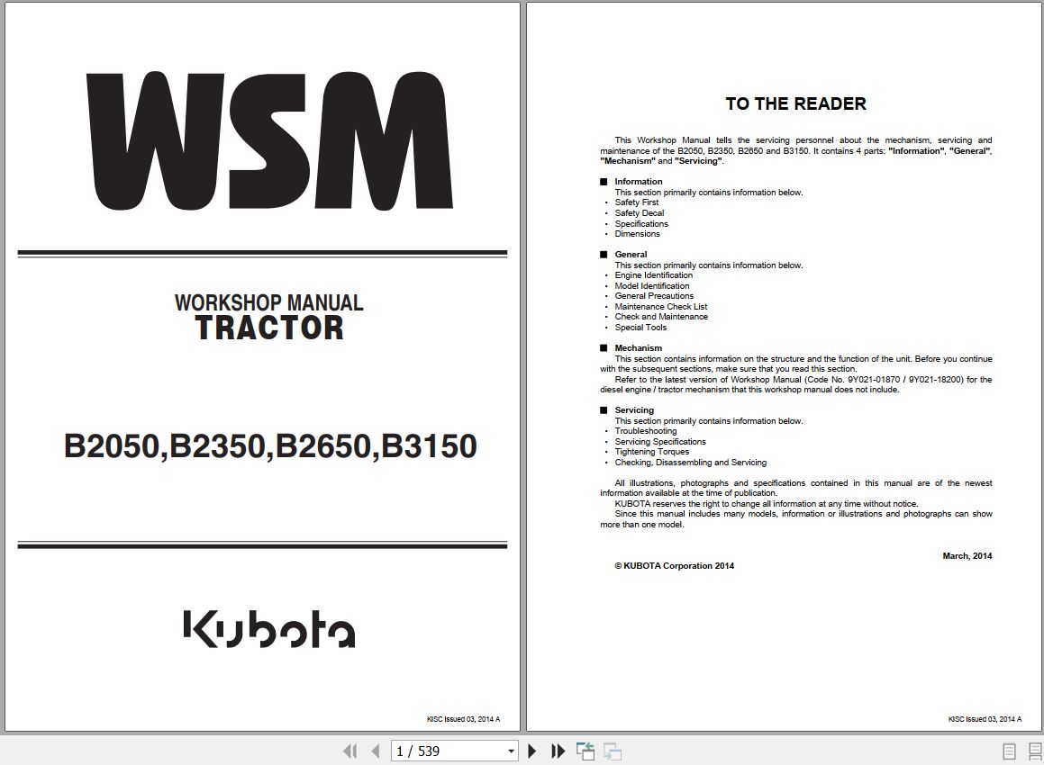 Kubota Tractor B2050 B2350 B2650 B3150 Workshop Manual 9Y111 09820 1