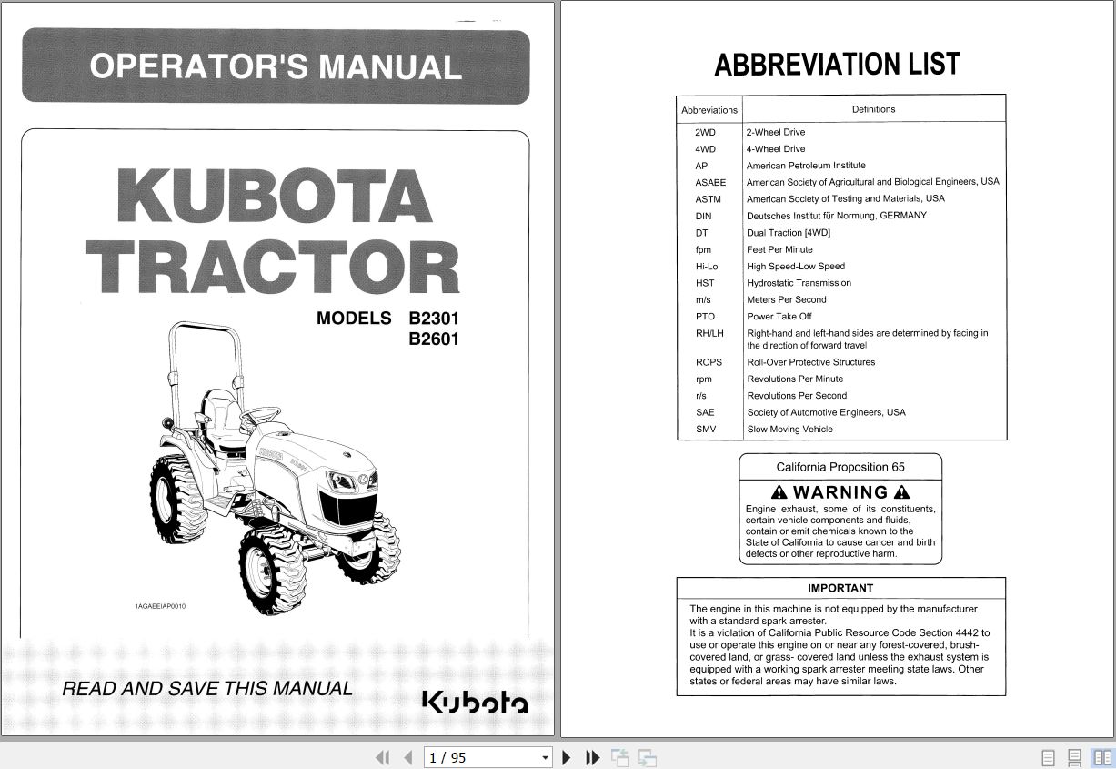 Kubota Tractor B2301 B2601 Operators Manual 6C540 6311 1 1
