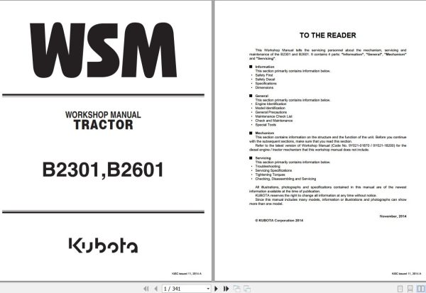 Kubota Tractor B2301 B2601 Workshop Manual 9Y111 11560 1